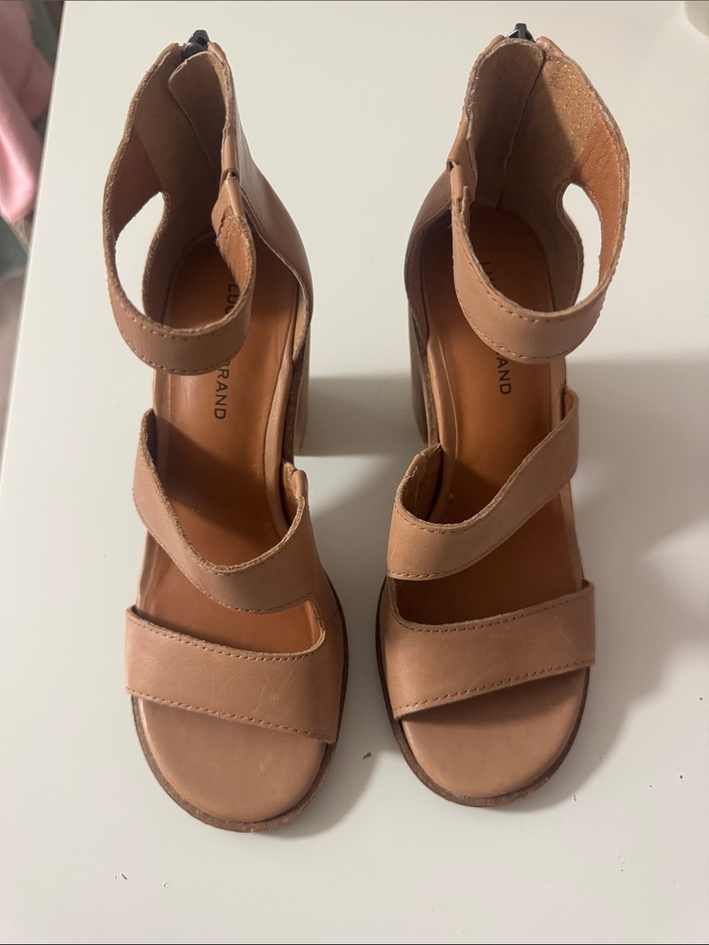 Lucky Brand Tan Leather Ankle-Strap Block Heels